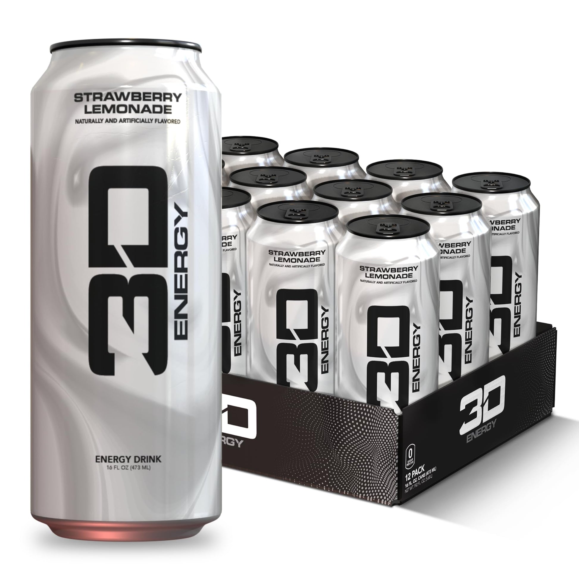 3D Energy Drink - Sugar Free  200mg Caffeine  Pre Workout  Taurine  L-Carnitine  Lightly Carbonated  16oz Cans  12 Pack - Strawberry Lemonade