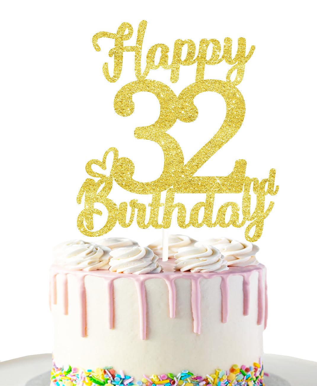 32 Birthday Cake Toppers - Gold Glitter, 32Nd Birthday Decorations For Men & Women