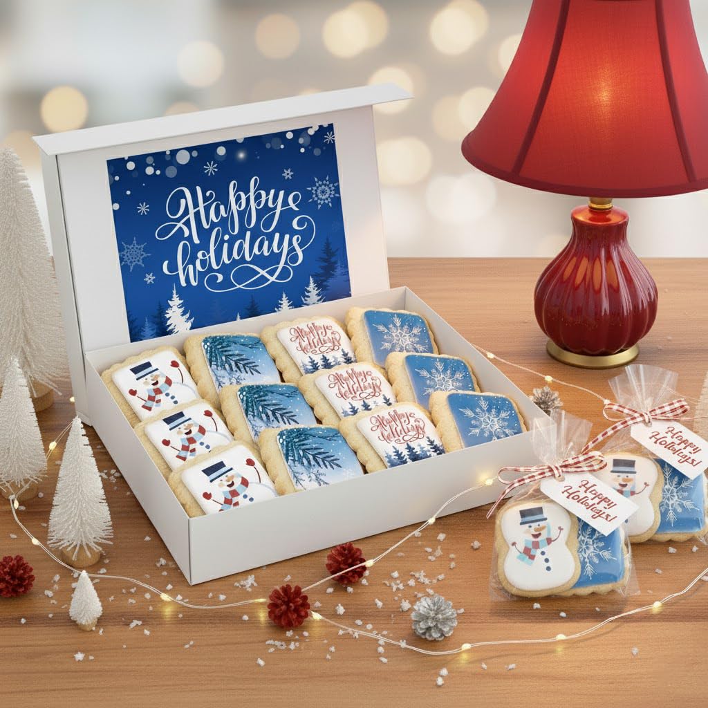 Happy Holidays Cookies Gift Basket For Men Women Kids | Holiday Gourmet Corporate Food Gift Individually Wrapped | 12 Decorated Sugar Cookies Winter