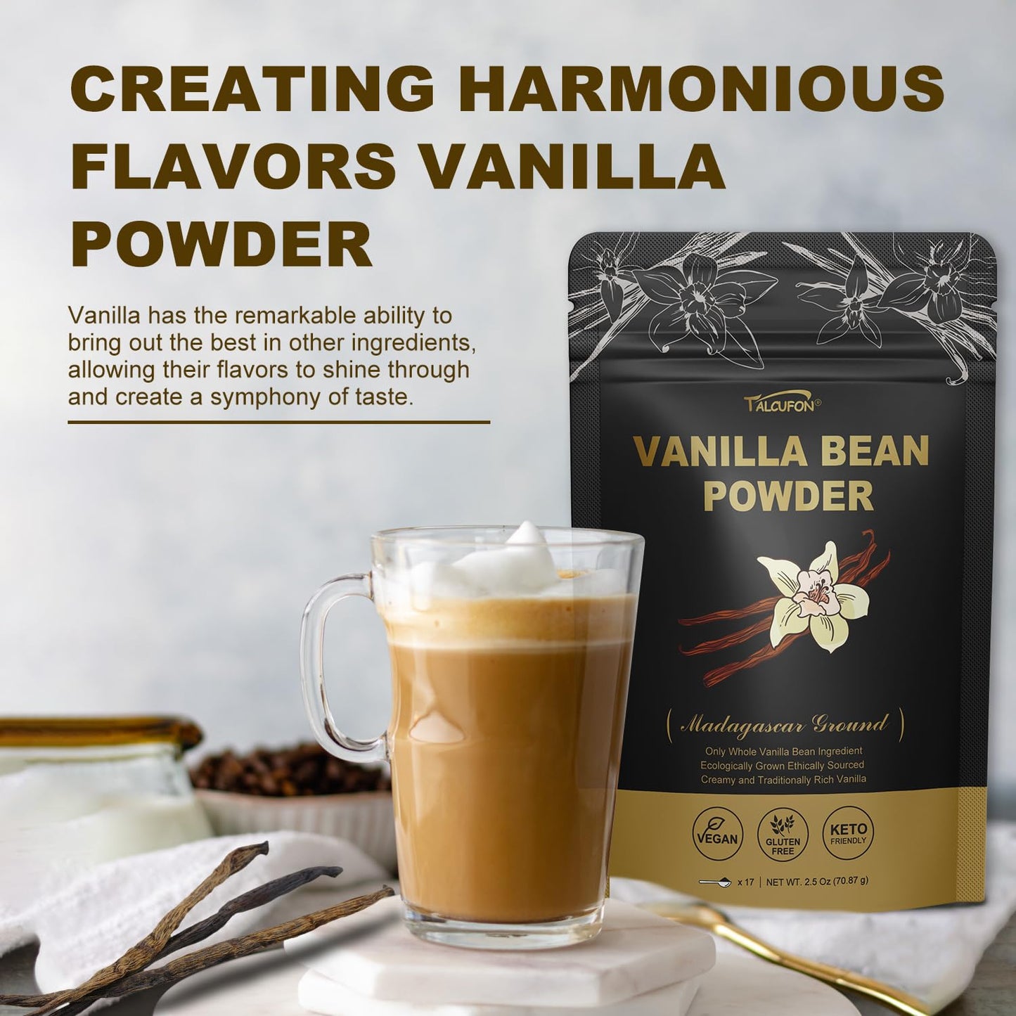 Talcufon Madagascar Ground Vanilla Bean Powder, 100% Ground Vanilla Beans, No Fillers And Additives, Gluten Free, Non-Gmo Great
