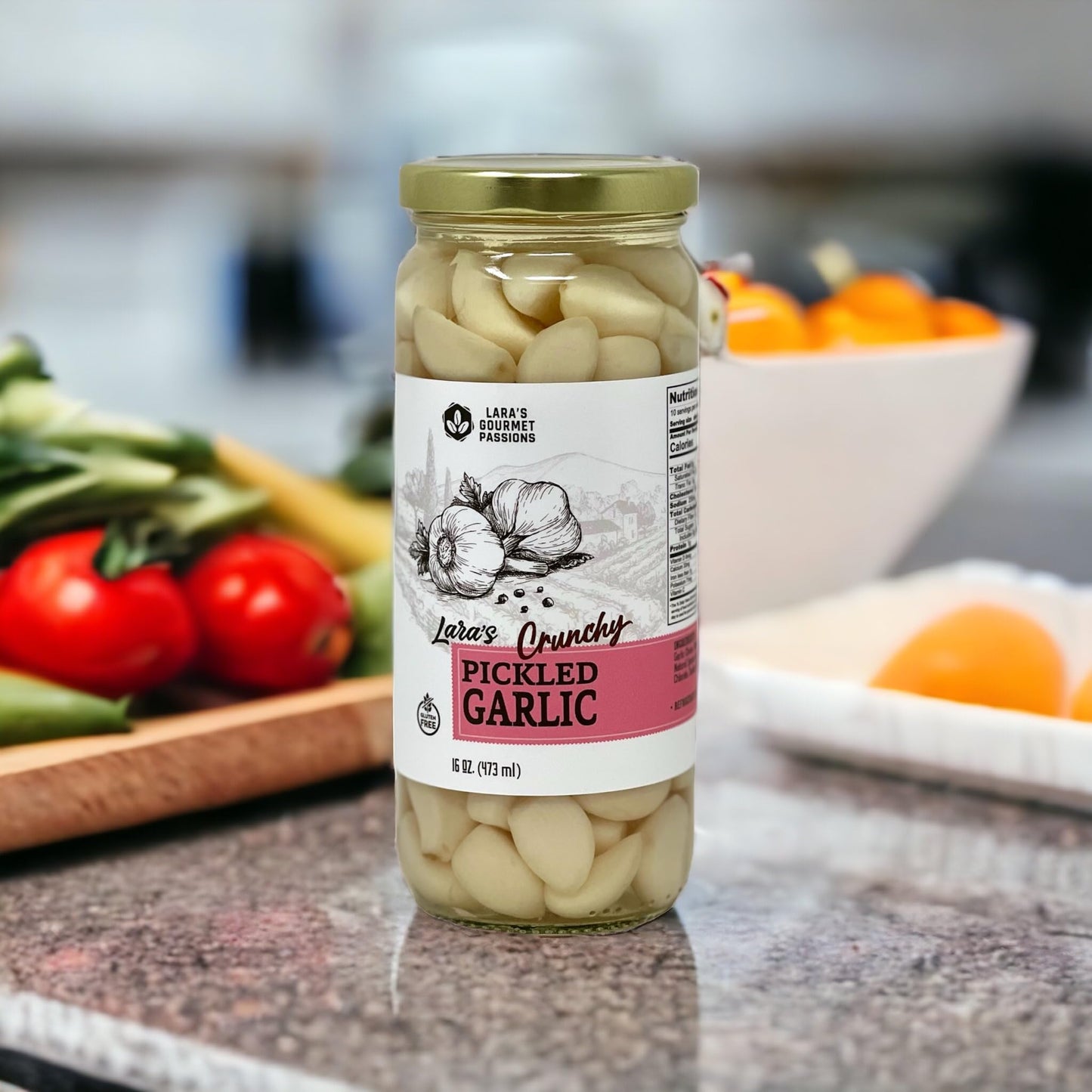 Laras Gourmet Passions Pickled Garlic - Crunchy Cloves in Jar, 16 fl oz, White