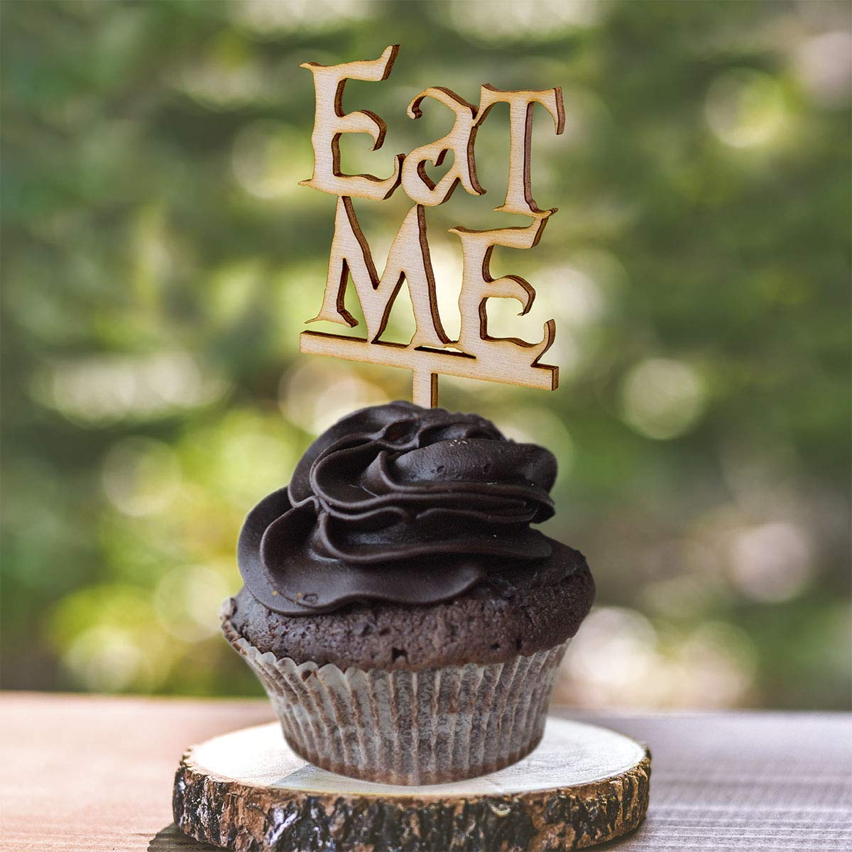 Summer-Ray 50Pcs Wooden Eat Me Cupcake Topper Alice In The Wonderland Cupcake Topper