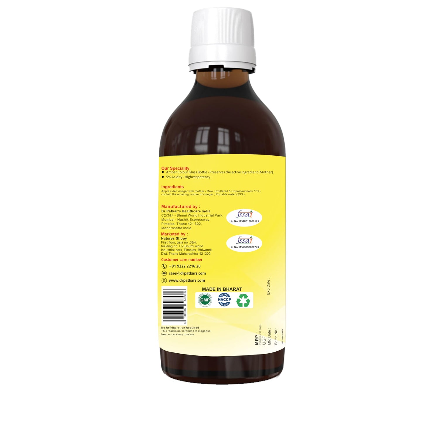 Apple Cider Vinegar With Mother 200 Ml (6.76 Oz) By Dr. Patkars