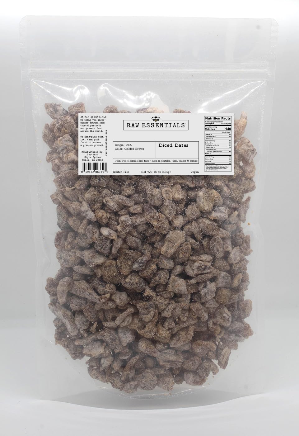 Raw Essentials Diced Chopped Dates -16 Ounce Bag - Sweet And Delicious - Vegan And Gluten Free