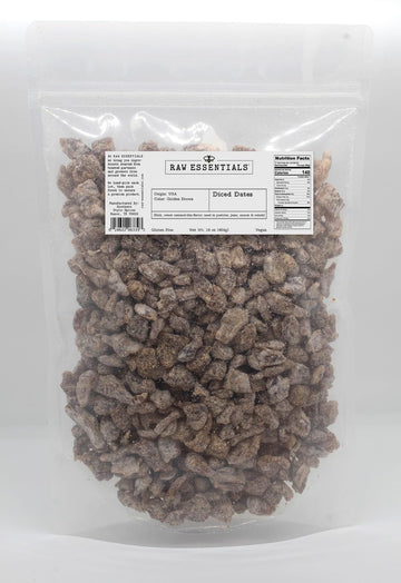 Raw Essentials Diced Chopped Dates -16 Ounce Bag - Sweet And Delicious - Vegan And Gluten Free