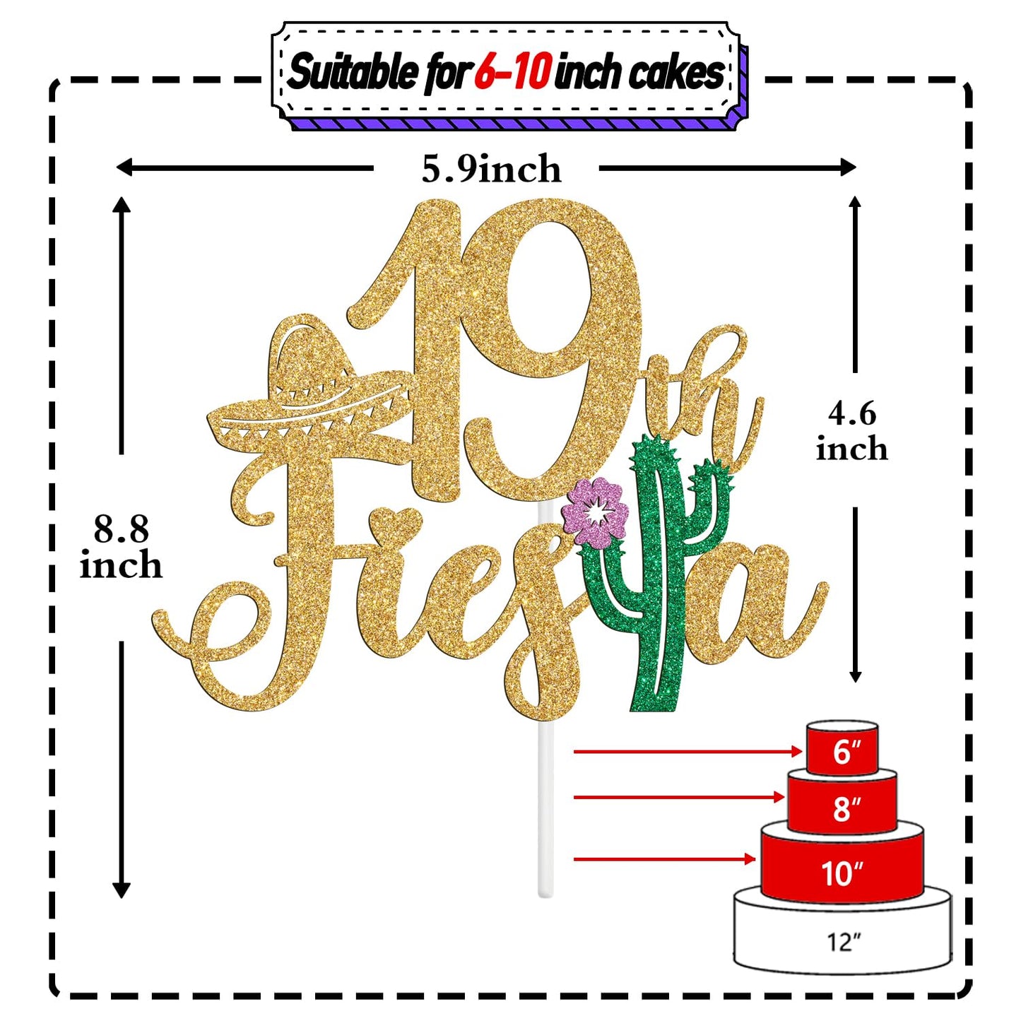 Tivurcia Cake Topper, Fiesta 19th Birthday Decoration, Gold Color, Tropical Theme