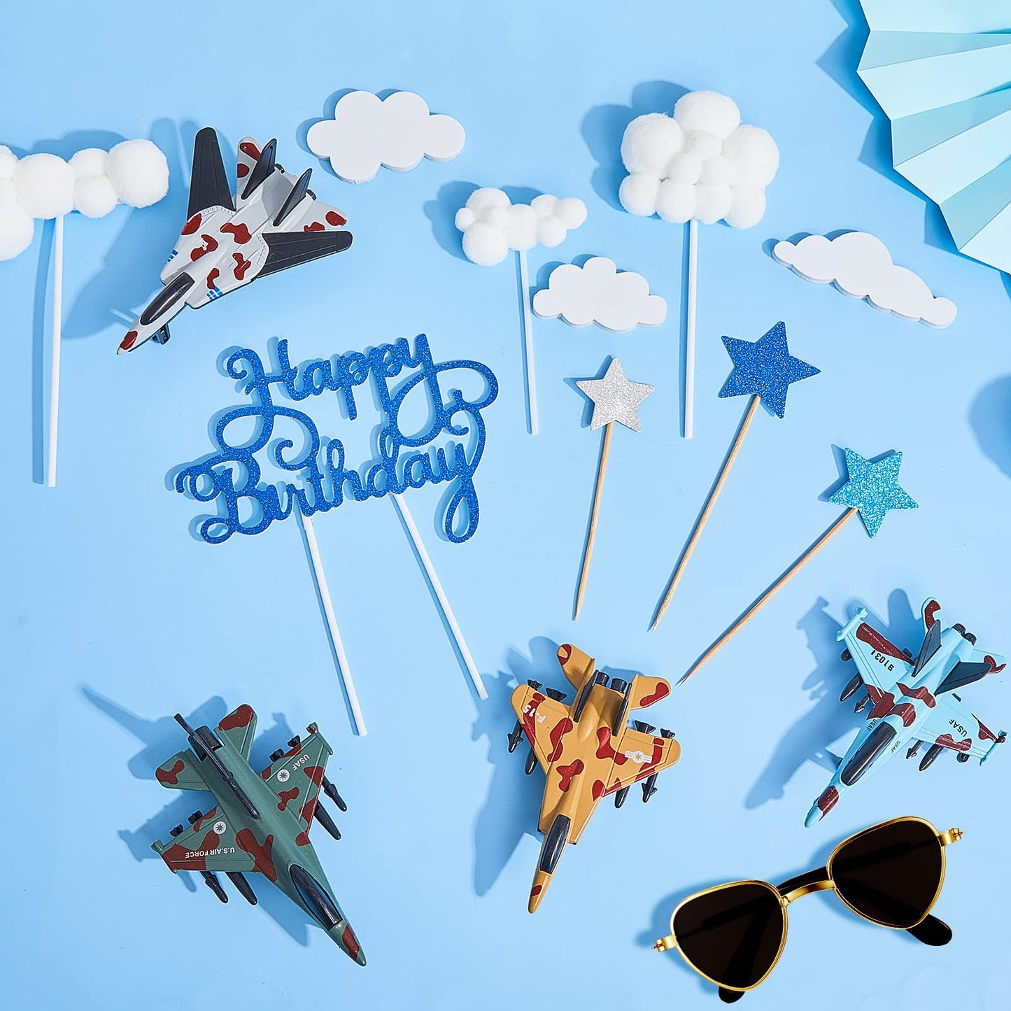 Aircraft Happy Birthday Cake Decoration Air Force Cake Topper Airplane Figurine Happy Birthday Cake Topper Mini Sunglasses Cloud