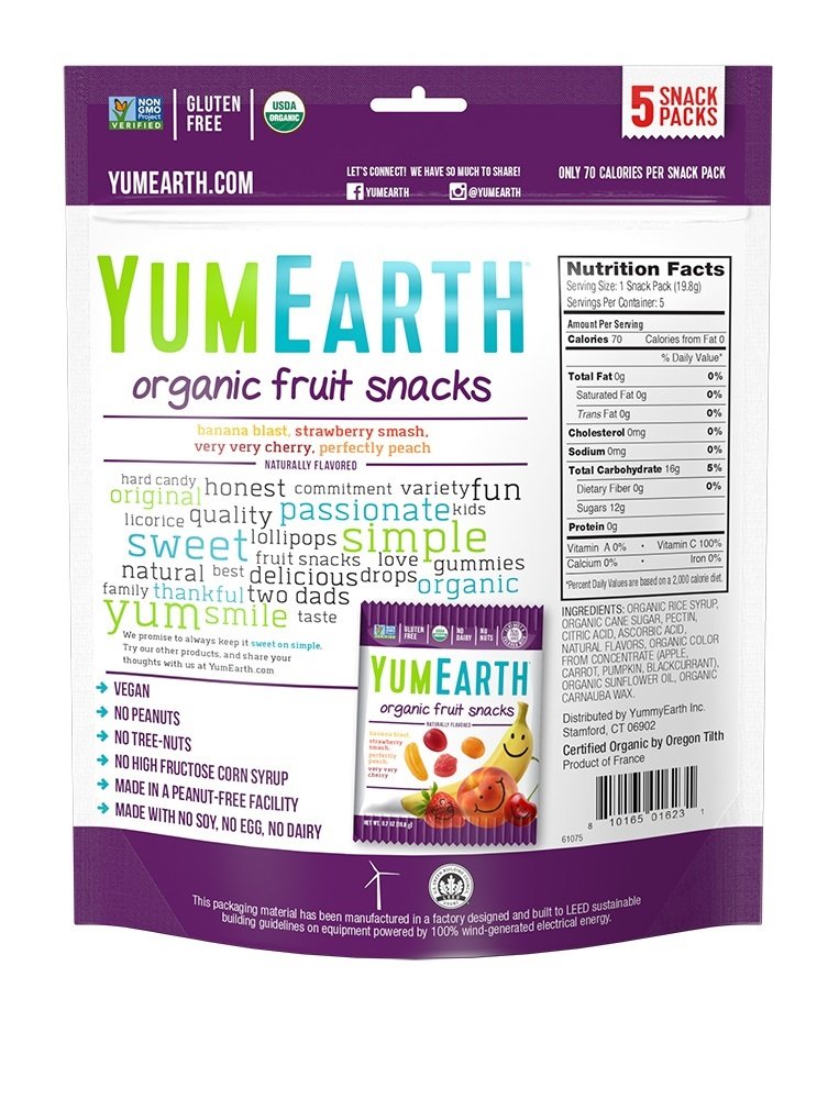 YumEarth Organic Fruit Snacks, 5-0.7oz. Fruit Flavored Snack Packs, Allergy Friendly, Gluten Free, Non-GMO, Vegan, No Artificial