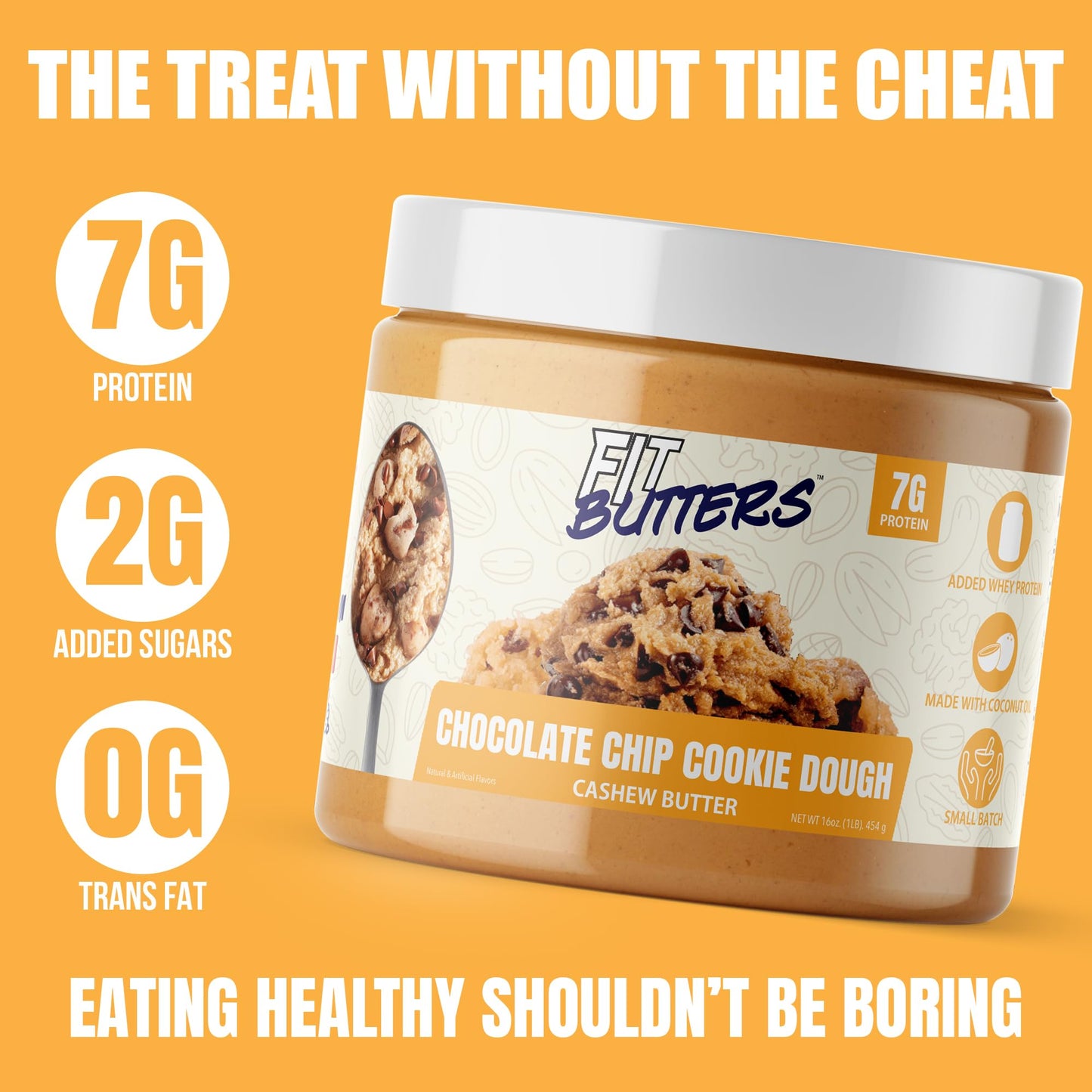 Fit Butters Chocolate Chip Cookie Dough Cashew Butter Spread - Added Protein And Coconut Oil, Low Carb, Low Sugar, Complete Prot