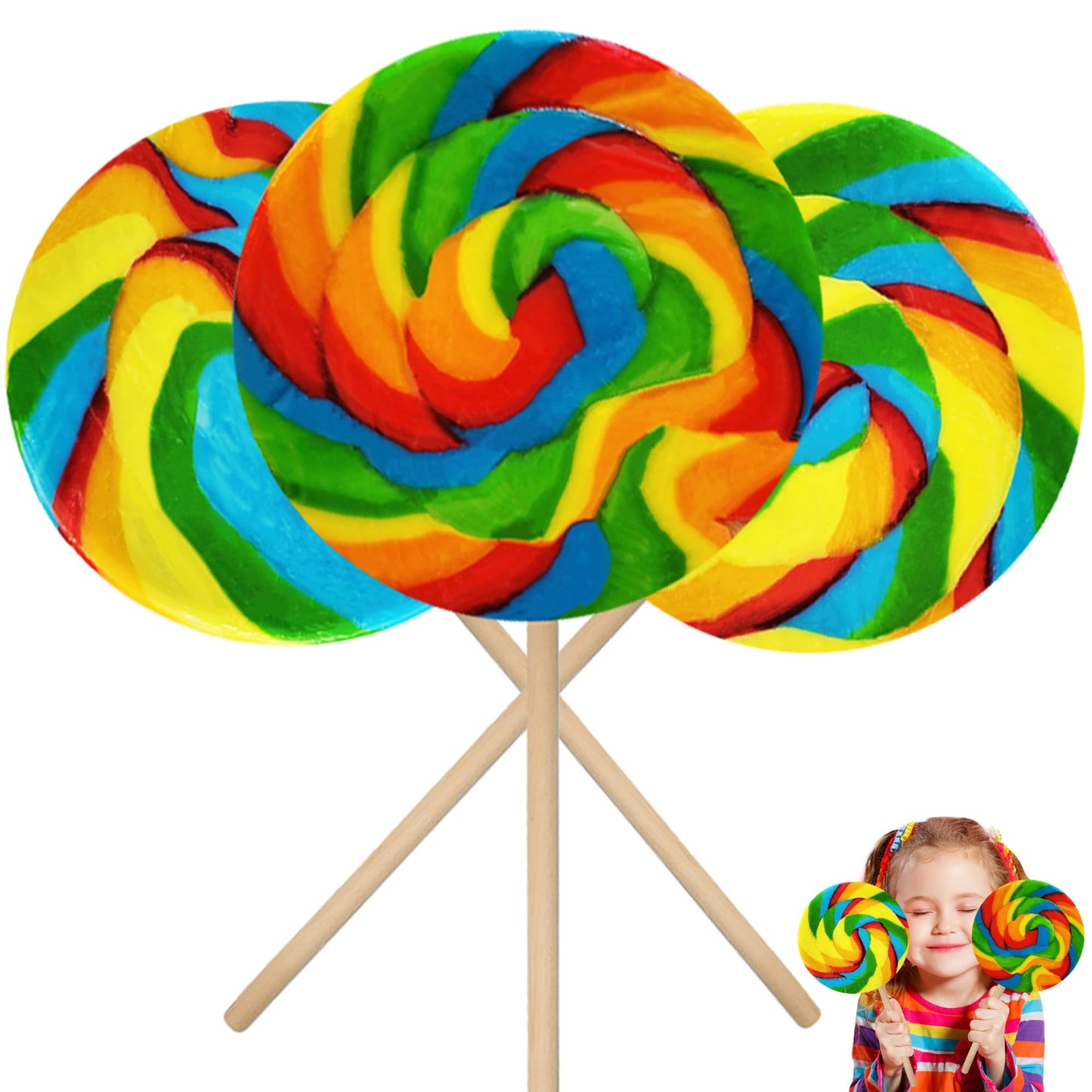 The Dreidel Company Mega Rainbow Swirl Lollipop - 5 Inch, Individually Wrapped, 3-Pack