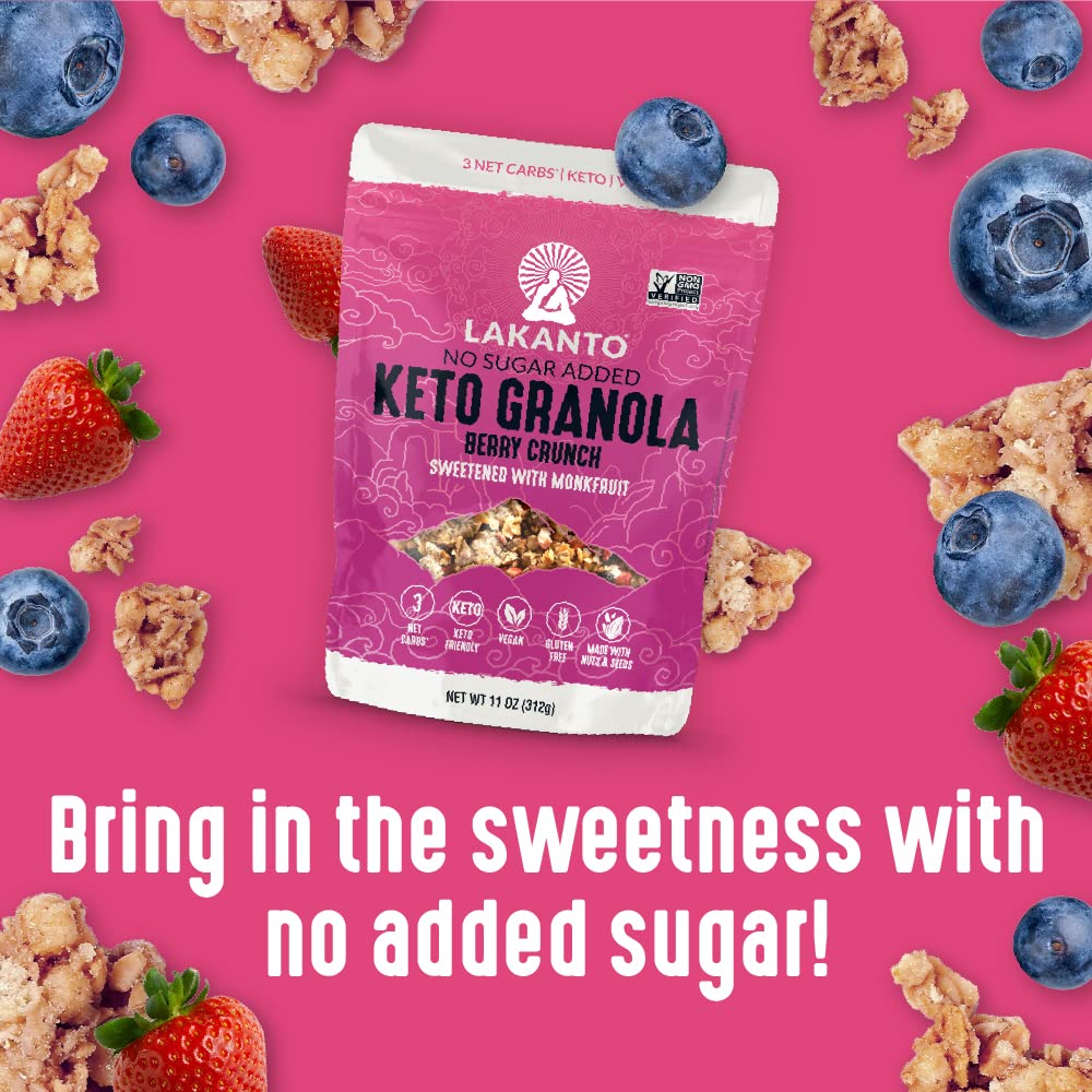 Lakanto Berry Crunch Granola - Delicious Snack, Quick Breakfast Cereal, Keto Friendly, Monk Fruit Sweetener, No Sugar Added, Veg