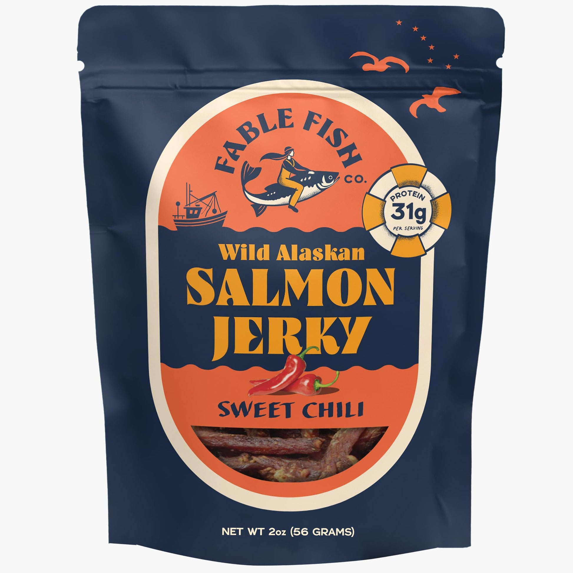 Fable Fish Wild Alaskan Salmon Jerky - Wild Caught Salmon With 31G Of Protein - Tasty Fish Jerky With Omega-3S And Natural Source Of Collagen - Made With Whole Muscle Sockeye - Sweet Chili