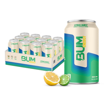 Bum Energy Sugar-Free Energy Drink, Citrus Burst, Lightly Carbonated, Natural Caffeine, 12 oz, Pack of 12