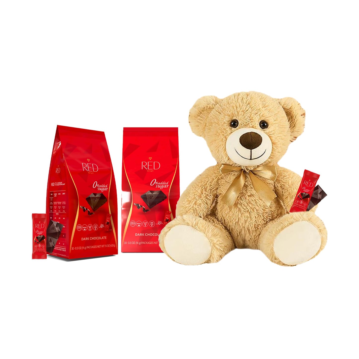 Red Delight Snack Size Dark Chocolate Bars Pack Of 2X14G - 30 Keto Chocolate Snack Bars - Vegan  Low Carb  Kosher & No Added Sugar - Healthy Chocolate Birthday Gift With Plush Teddy Bear