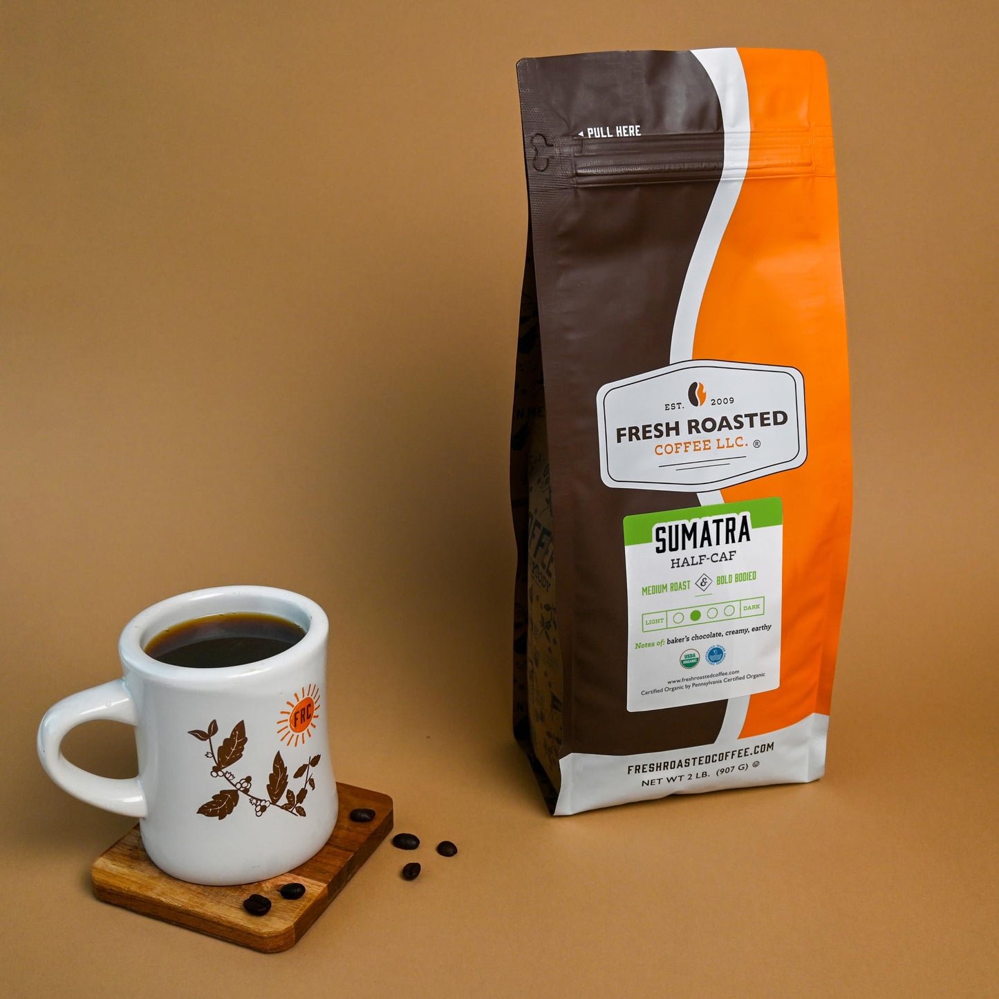 Fresh Roasted Coffee Organic Sumatra Half-Caf Medium Roast Whole Bean 32 oz