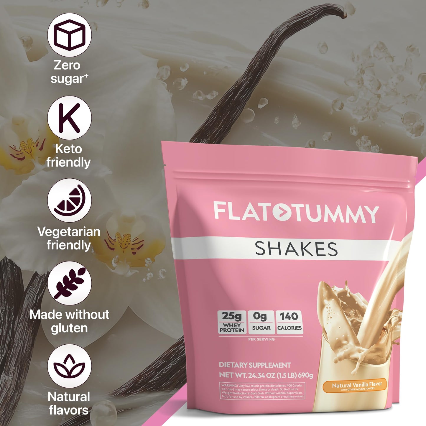 Flat Tummy Flat Tummy Shakes - Vanilla, 20 Servings, High Protein, Keto-Friendly, 14.5 Ounce