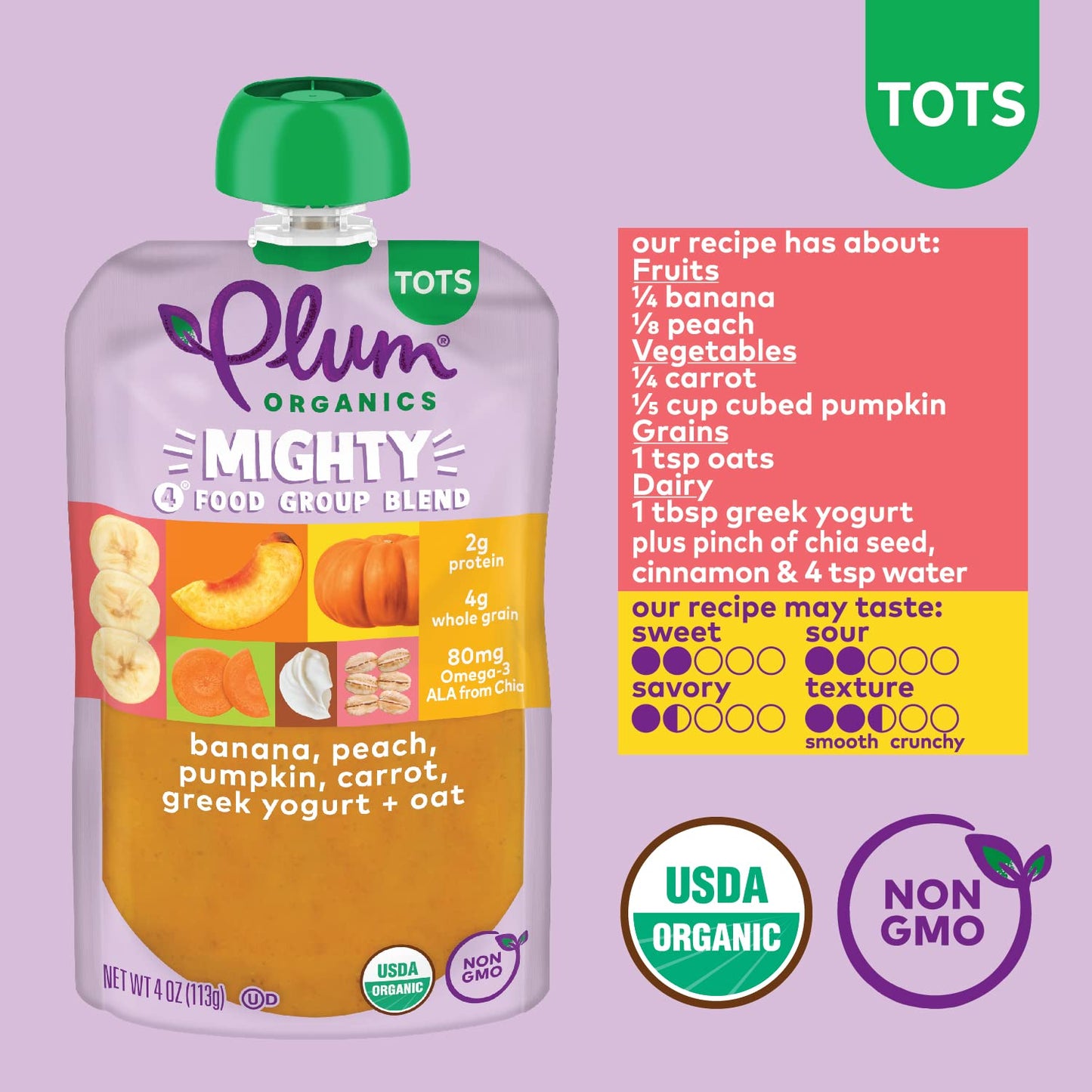 Plum Organics Mighty 4 Organic Toddler Food - Banana, Peach, Pumpkin, Carrot, Greek Yogurt, And Oat - 4 Oz Pouch (Pack Of 12) -