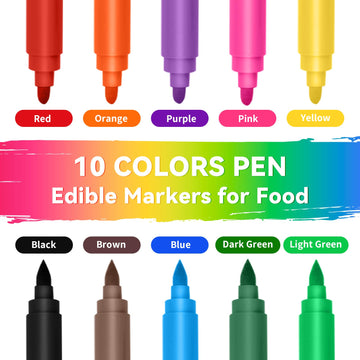 Jewem (Upgrade) Edible Markers For Cookie Decorating,10Pcs Food Coloring Pens, Double Side Food Grade Pens With Fine & Thick Tip