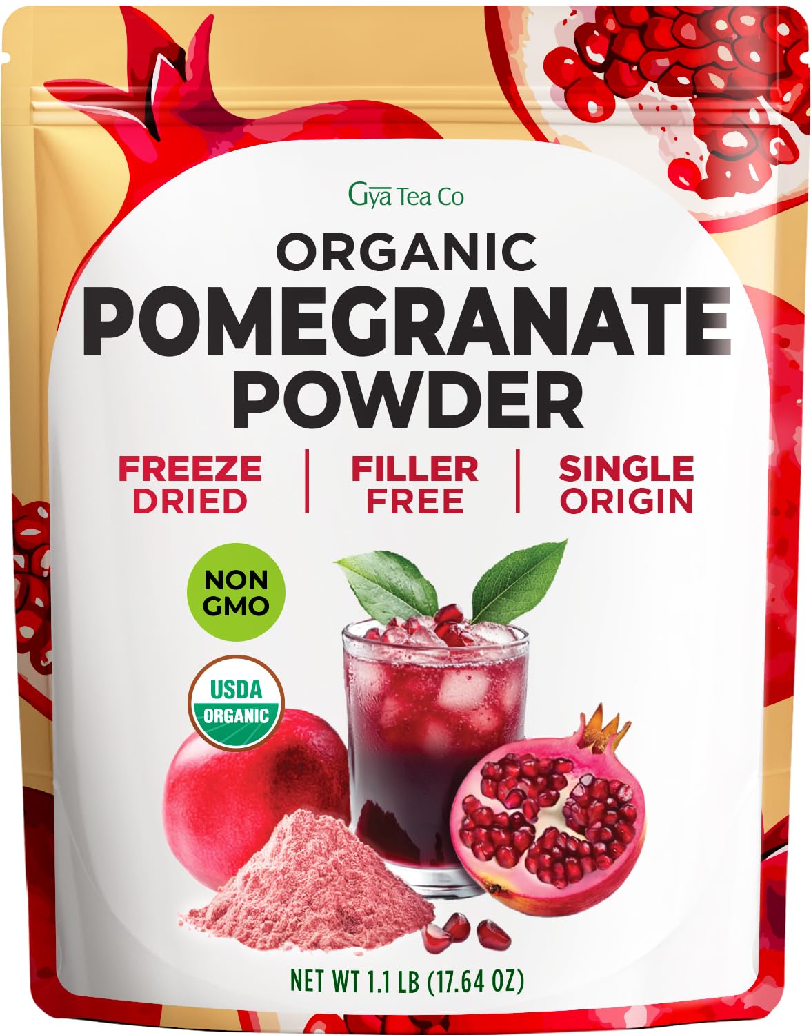 Gya Tea Co Pomegranate Powder 1.1lb (17.64 Oz) - 100% USDA Organic Freeze-Dried Whole Fruit - Antioxidant Rich Superfood for Drinks & More - Immunity & Energy Boost - Non-GMO  Gluten-Free  Sugar-Free