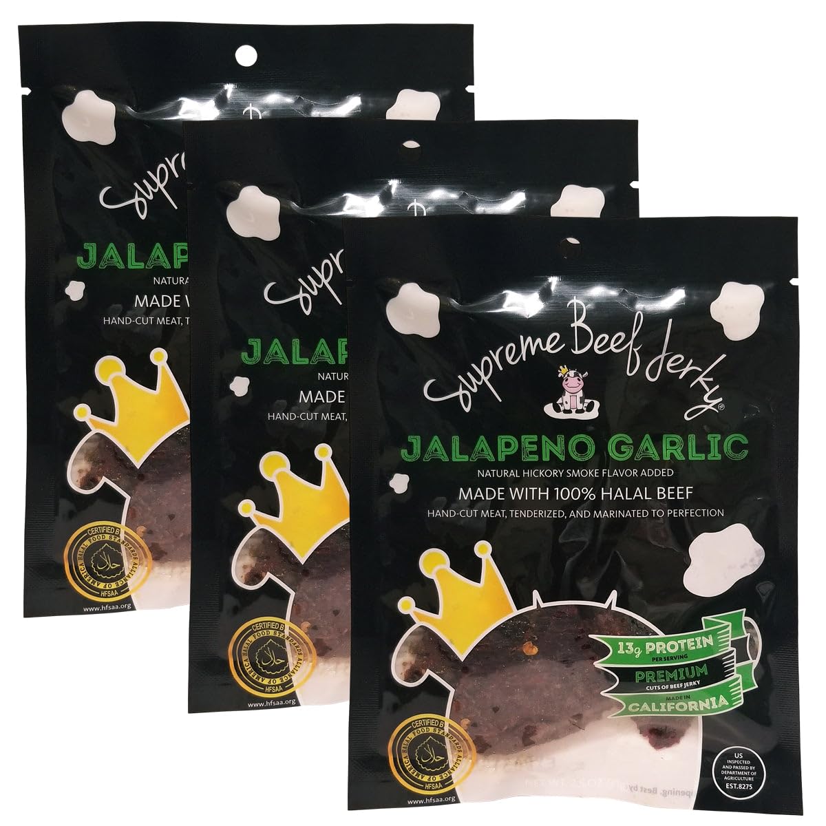 Supreme Beef Jerky, Halal Beef Jerky, Zabiha Halal Certified Beef, Handcrafted Gourmet Meat Snacks, 2.5 oz Jalapeno Garlic, B2G1