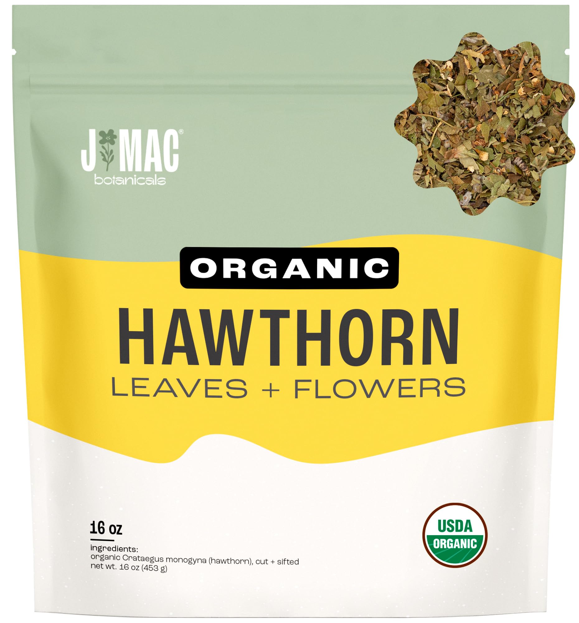 J MAC BOTANICALS Organic Hawthorn Leaf and Flower Dried Herbs 16 oz