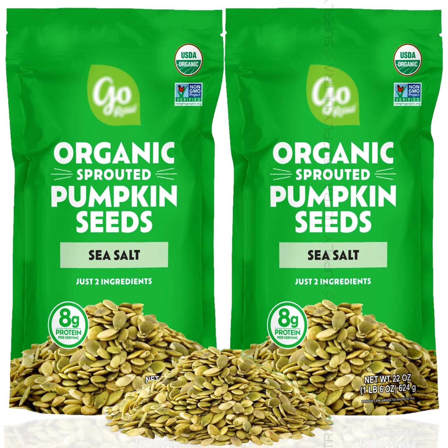 Go_Raws Sprouted Organic Pumpkin Seeds with Sea Salt (Pack of 2, 22 oz Each) - 44 oz Total - Plant-Based Protein, Vegan, Gluten-