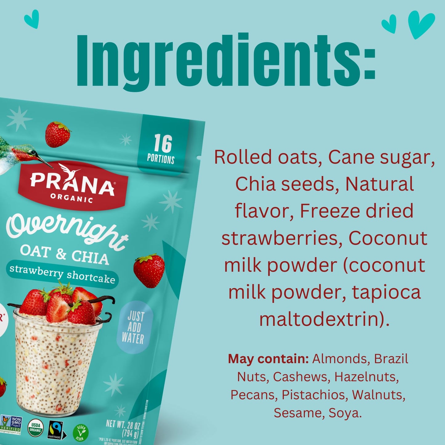 Prana Organic Overnight Chia with Oats Strawberry Shortcake | 28 oz Bags - 2 Pack | Rich in Fiber & Protein, Vegan, Non-GMO | Re