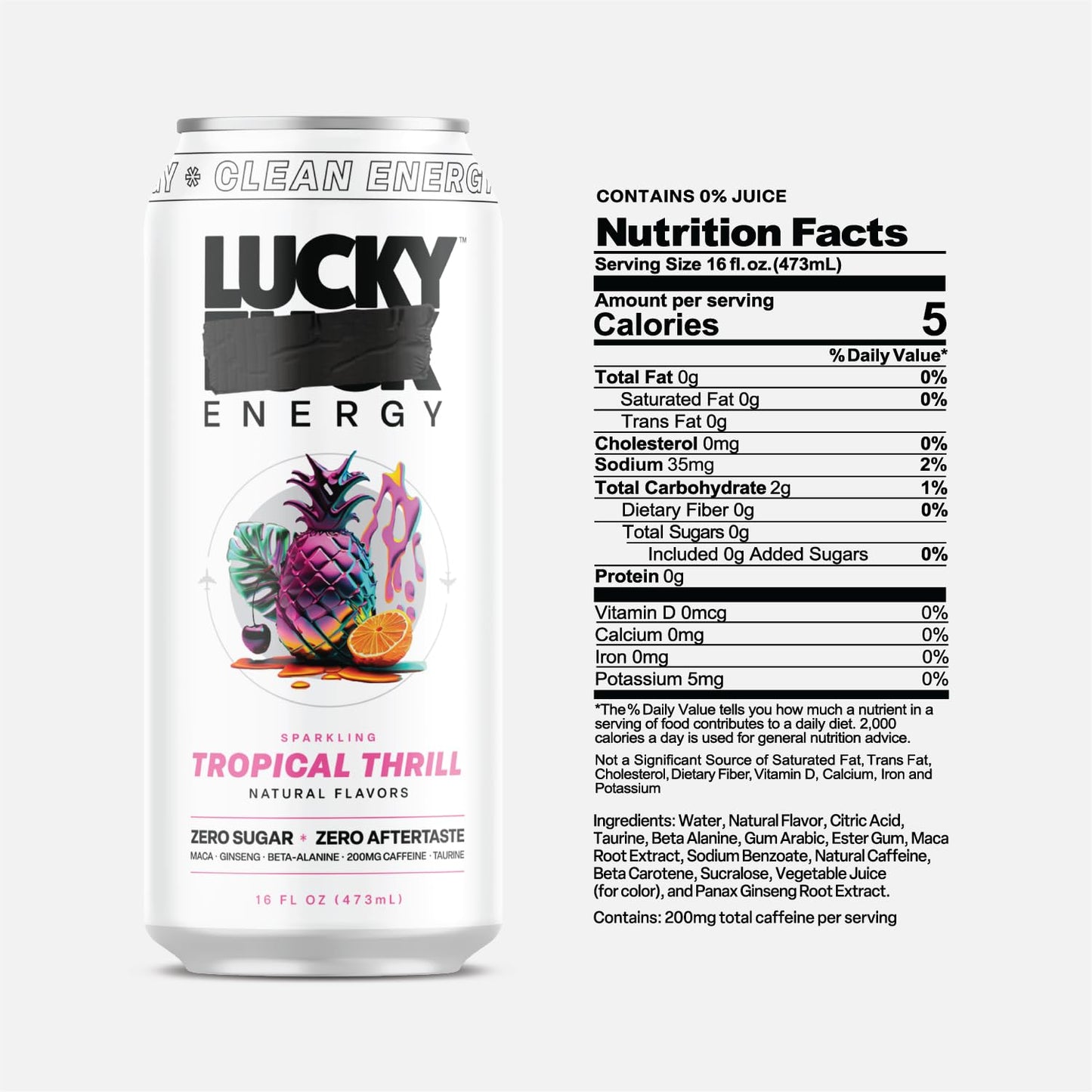 Lucky Energy Sugar Free Energy Drinks, Tropical Thrill, 16oz Cans, 12-Pack, Zero Sugar, 200mg Caffeine, Maca, Ginseng, Beta-Alanine