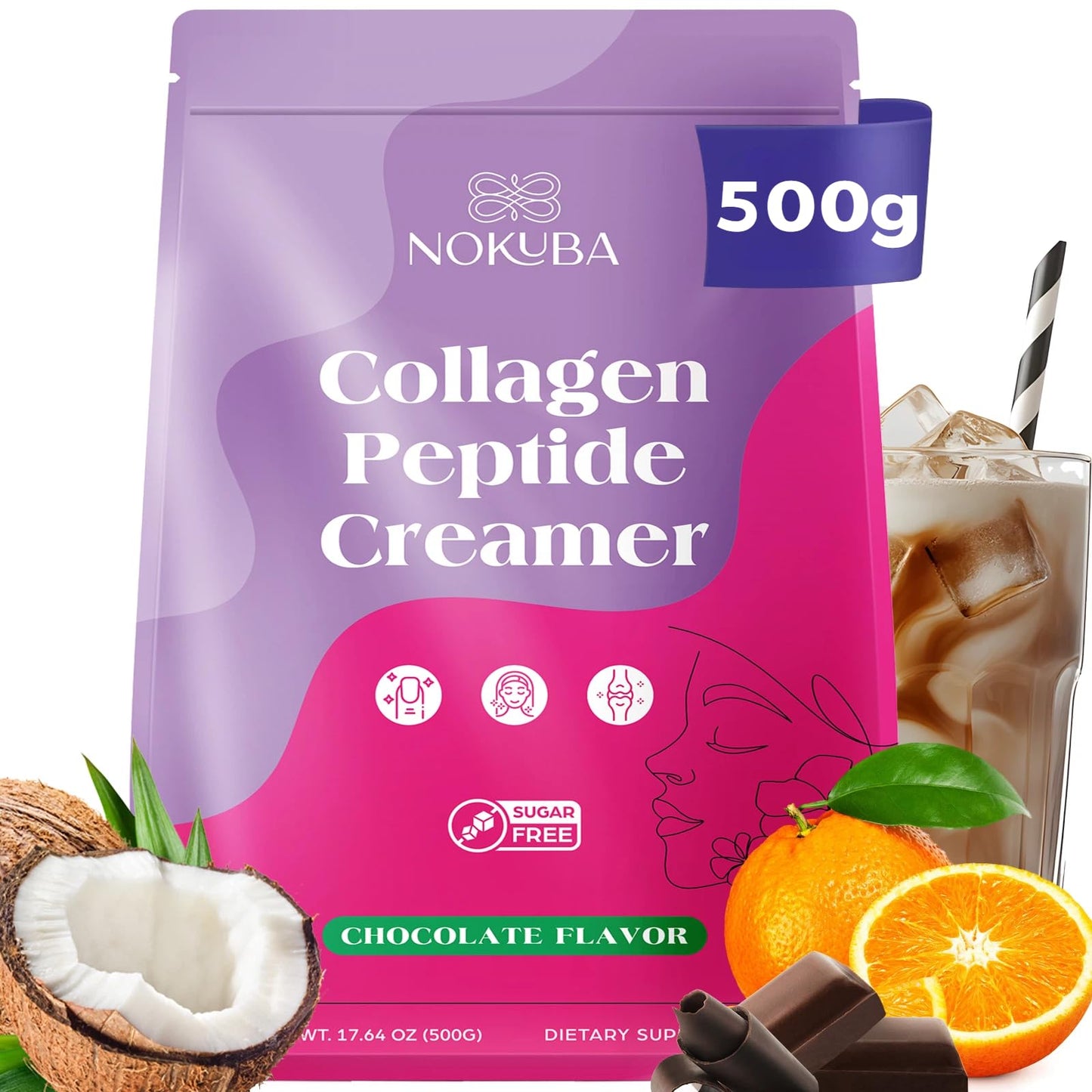 Nokuba Collagen Peptides Creamer Protein Coffee Powder  Marine Collagen with Coconut Mct  Hyaluronic Acid  Vitamin C & Probiotics for Hair Skin & Nails  Non Dairy  Chocolate Flavor  500g (20 Servings)