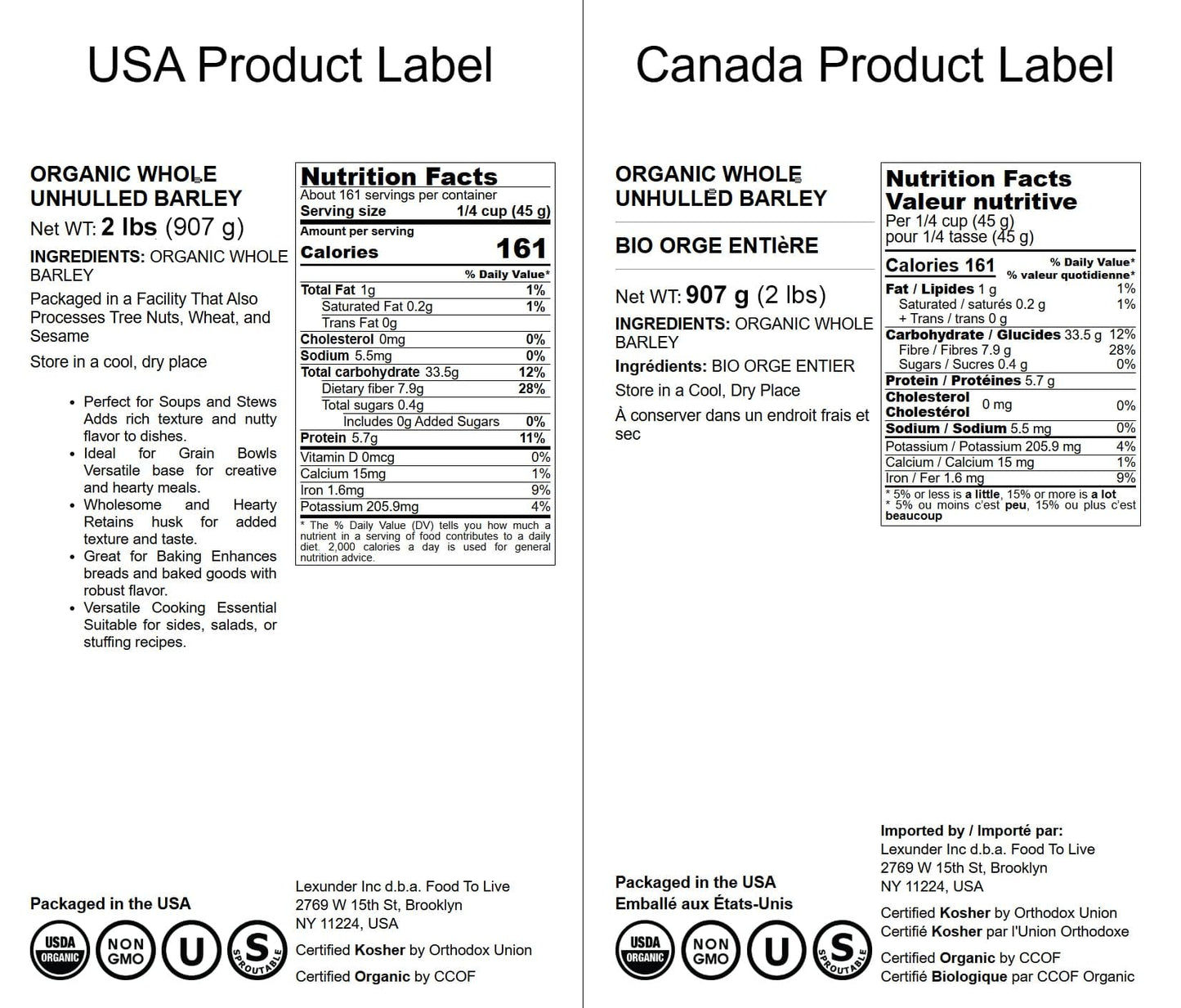 Food to Live Organic Whole Unhulled Barley, Non-GMO, High in Fiber, 2 Pounds