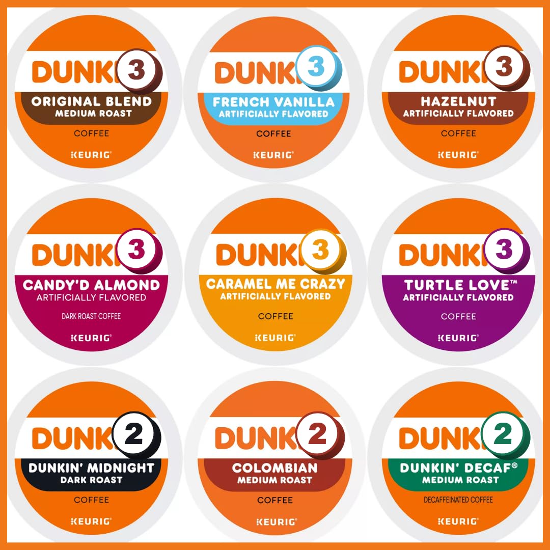 BREWANA Dunkin Coffee Variety Pack Sampler for Keurig – 24 Count – Includes Original, French Vanilla, Hazelnut, Caramel, and More