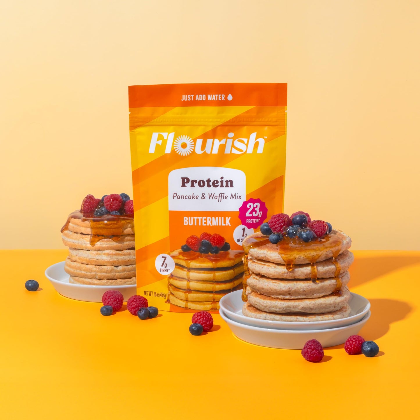 Flourish Protein Pancake & Waffle Mix, With Whey Protein & Flax Seed, No Added Sugar, High In Protein & Fiber - Just Add Water -