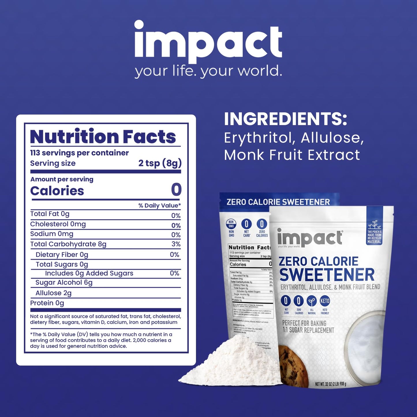 Impact Allulose Sweetener Blend - Gluten Free, Zero Calories, Keto, Vegan - 2lbs