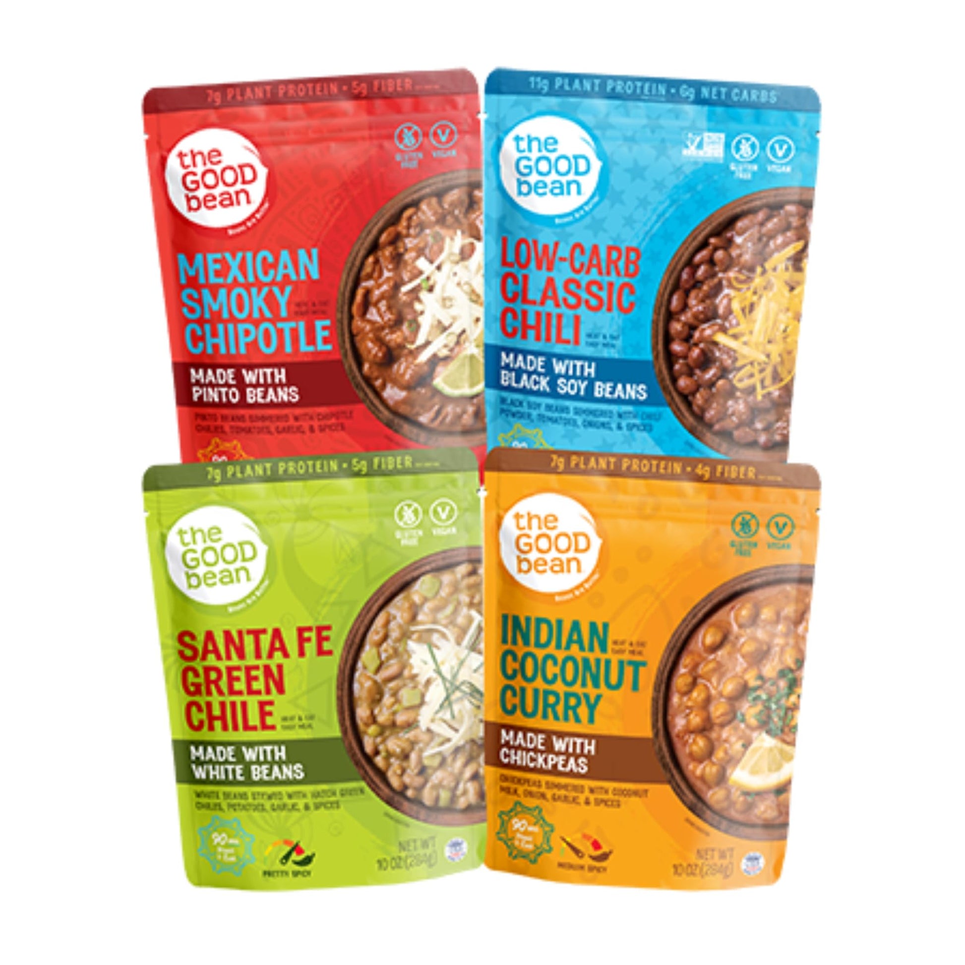 The Good Bean Heat and Eat Pouch Variety Pack - 10 oz (Pack of 4) - Smoky Chipotle, Classic Chili, Green Chile, Coconut Curry