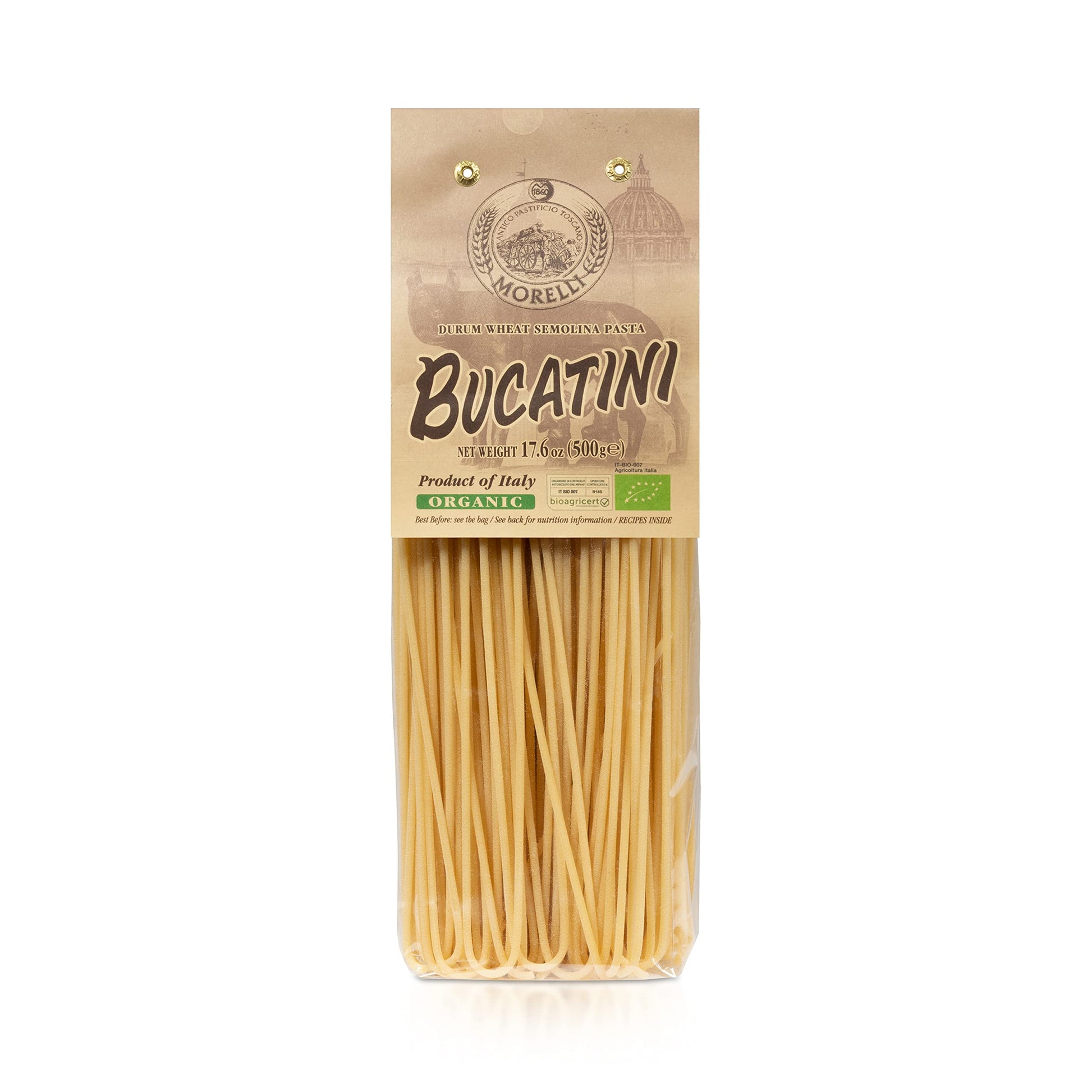 ANTICO PASTIFICIO MORELLI Bucatini Pasta Noodles - Organic Durum Wheat Semolina - 17.6oz (Pack of 12) - Yellow