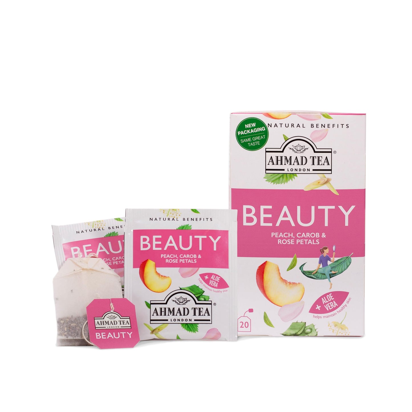 Ahmad Tea Herbal Tea, Decaffeinated Peach & Carob, 20 ct (Pack of 6), Sugar-Free, Beauty Model 2039