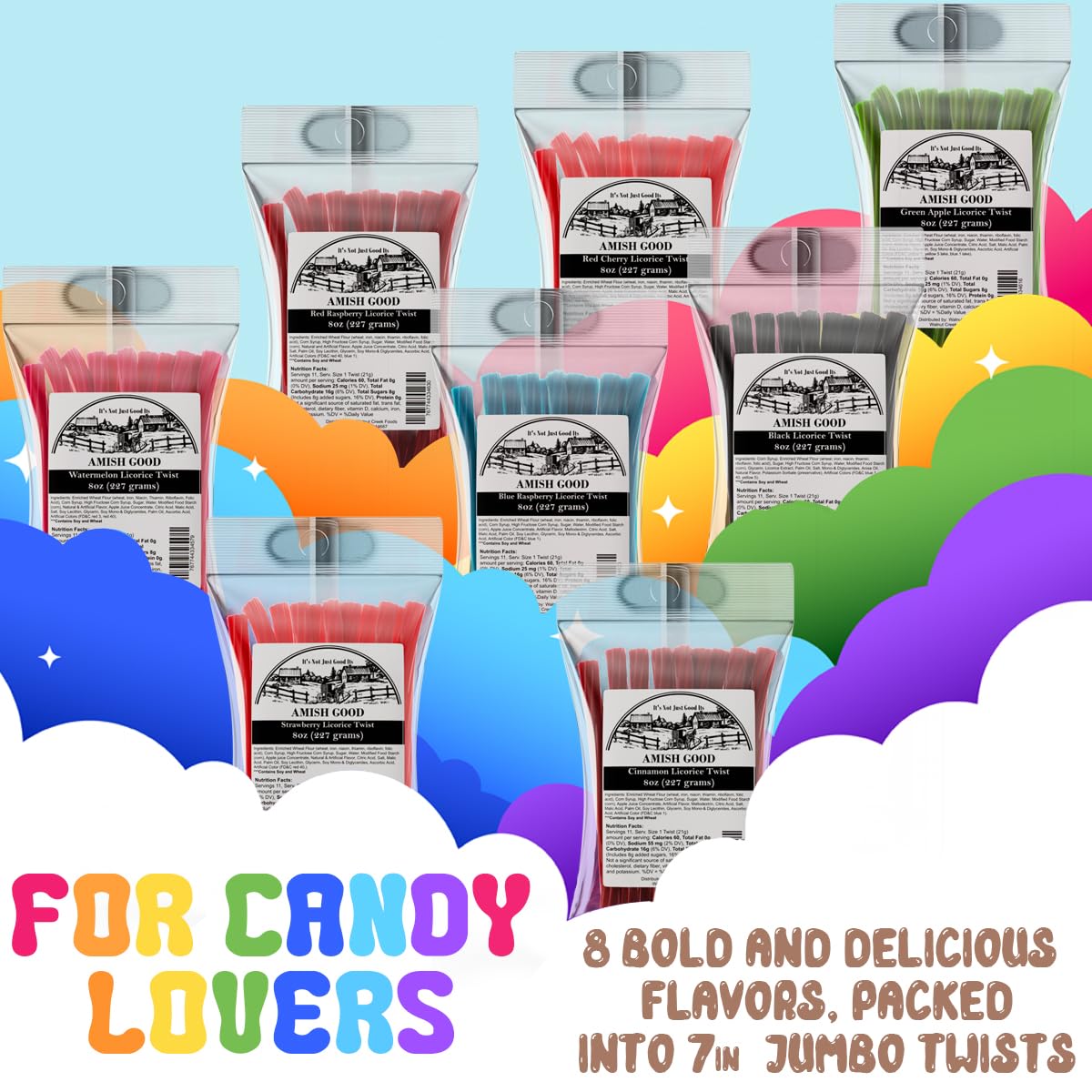 Amish Good Gourmet Licorice Twist Candy - Enhanced Sweet & Chewy Treat, Strawberry Jumbo Licorice Twist Perfect Snack Under 100 Calories