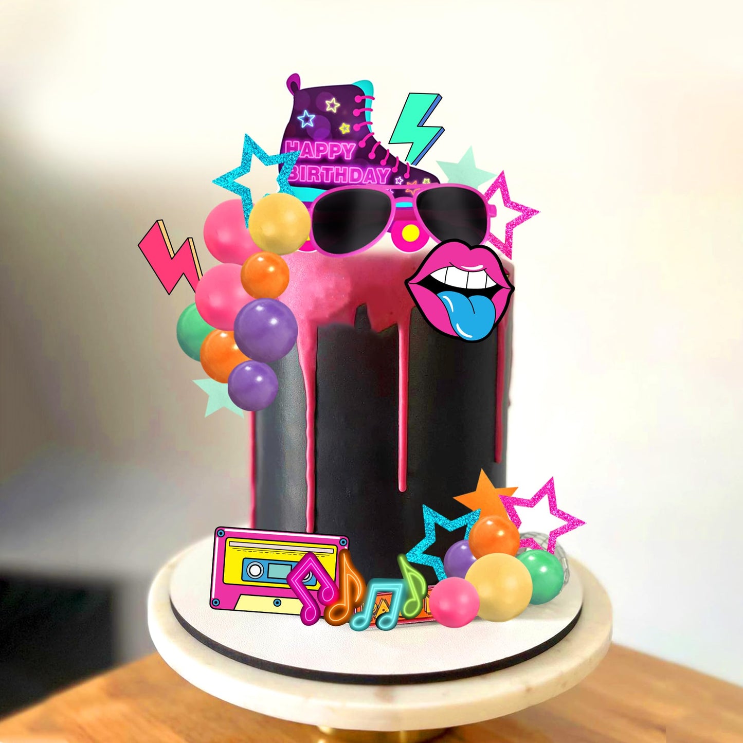 DRWATE 30 PCS Retro 80s 90s Cake Toppers - Multicolored Hip Hop Decorations for Throwback Party Supplies