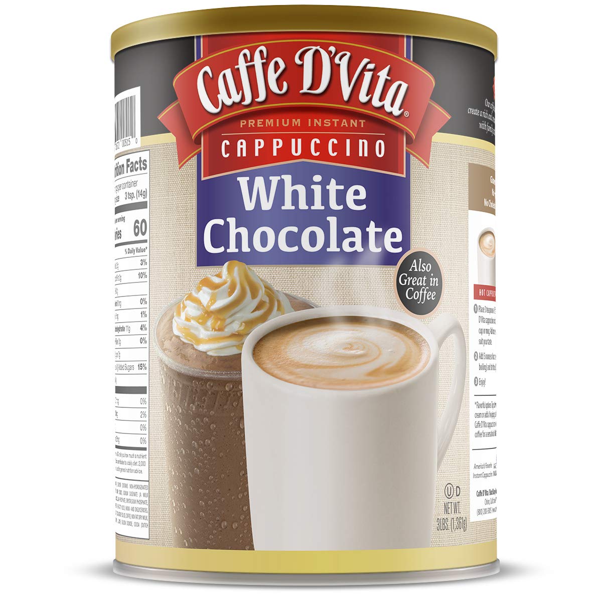 Caffe DVita White Chocolate Cappuccino Mix, Gluten Free, Instant, 48 Ounce Can