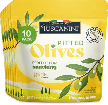 Tuscanini Italian Garlic Flavor Snack Olives, 1 oz (10 Pack) Convenient Pitted Olive Pouches for Snacking | No Oil | Gluten Free