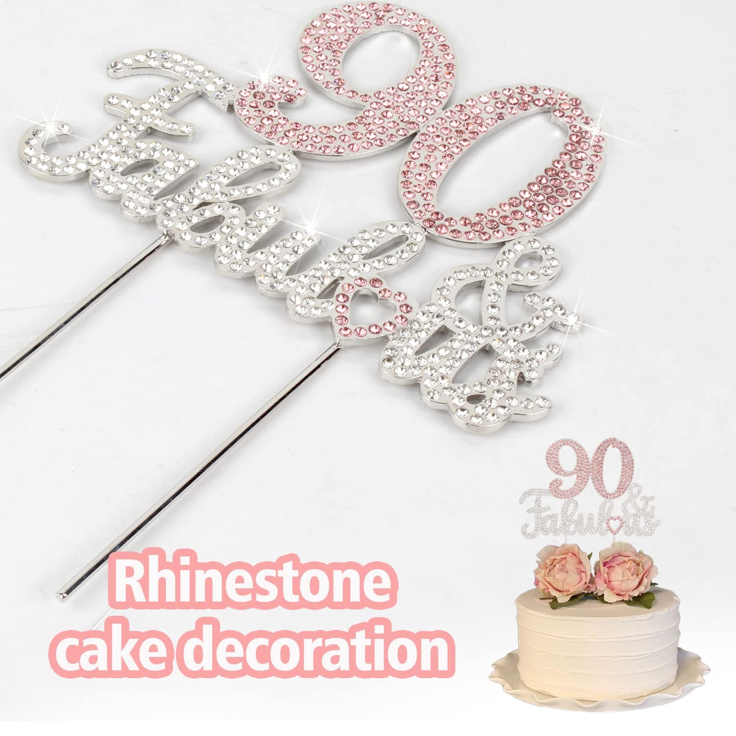 Laskyer 90 & Fabulous Silver Pink Rhinestone Cake Topper - Happy 90Th Birthday Cheers To Ninety Years Old Bday Party Metal Spark