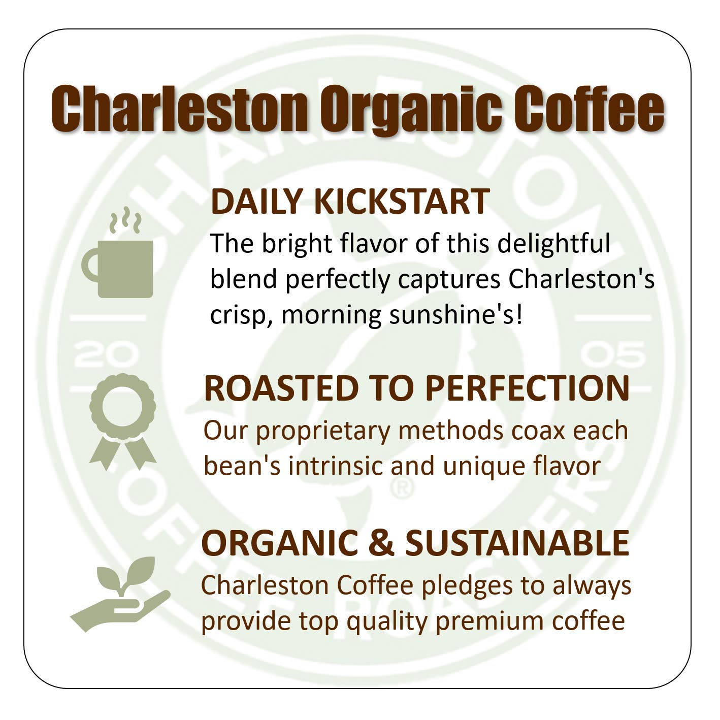Charleston Coffee Roasters | Specialty Organic Whole Bean Coffee | Hand Picked, Premium Slow Roast | (Charleston Organic, Medium Roast) 12Oz, 6 Pack