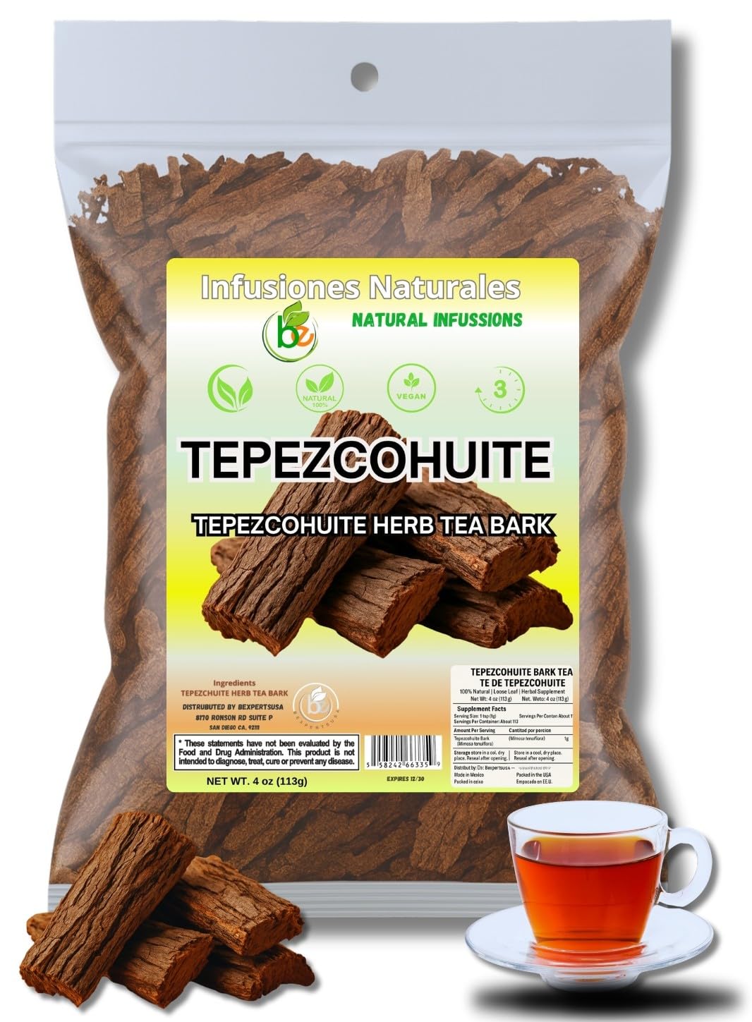 BEXPERTSUSA Tepezcohuite Herbal Tea – 100% Natural Wildcrafted Infusion – 4 oz Loose Bark – Vegan, Non-GMO, Caffeine-Free