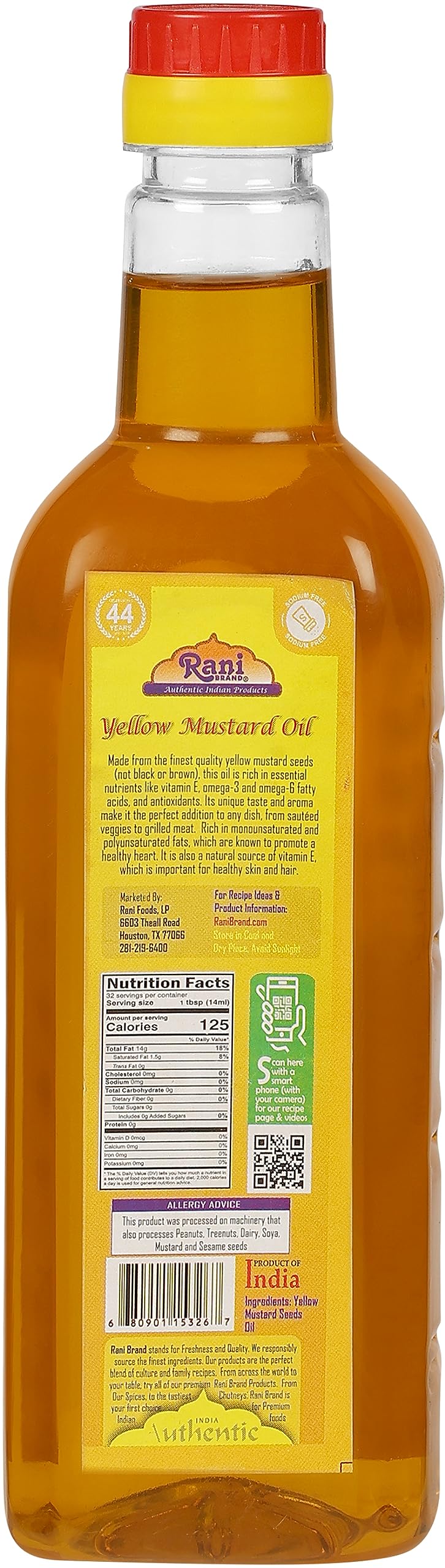 Rani Yellow Mustard Oil (Kachi Ghani) 16.9 Ounce (500Ml) Non-Gmo | Gluten Free | Vegan | 100% Natural | Kosher