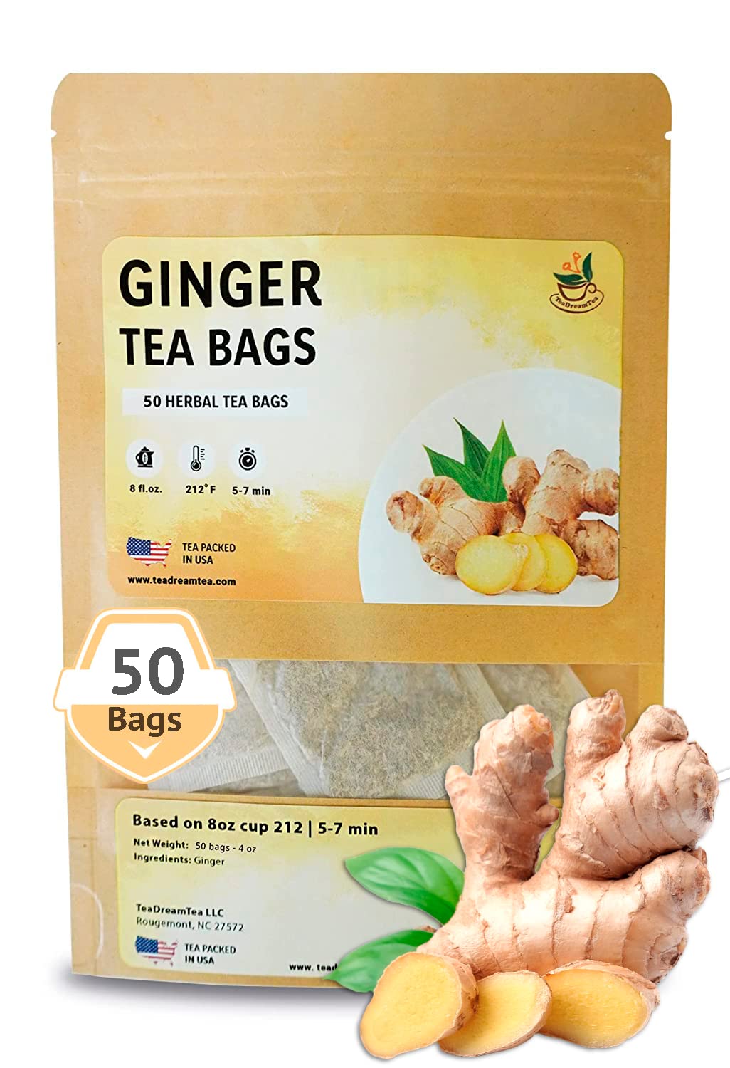 Teadreamtea Ginger Tea Bags - 50 Bleach-Free Tea Bags | Caffeine Free, Antioxidant, Calms Upset Stomach - Strengthen Immune System - Herbal Ginger Tea