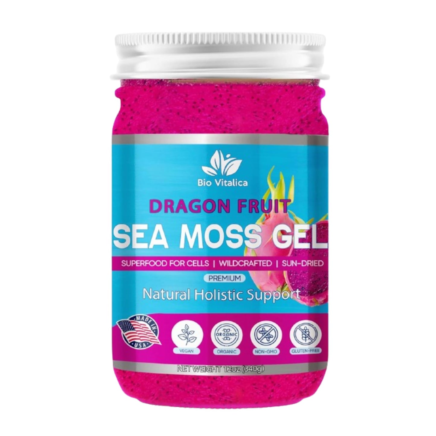BIO VITALICA Sea Moss Gel - Organic Vegan Superfood - 12 Fl Oz (Pack of 1) - Dragon Fruit Flavor