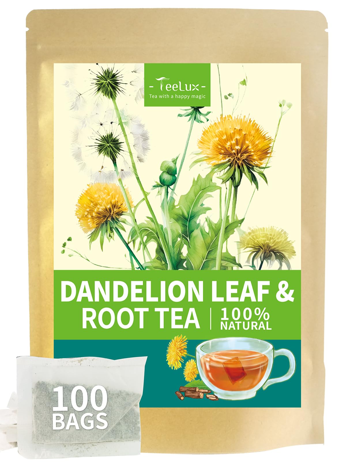 TeeLux Dandelion Leaf & Root Tea Bags, Caffeine Free Herbal Tea, 100 Count