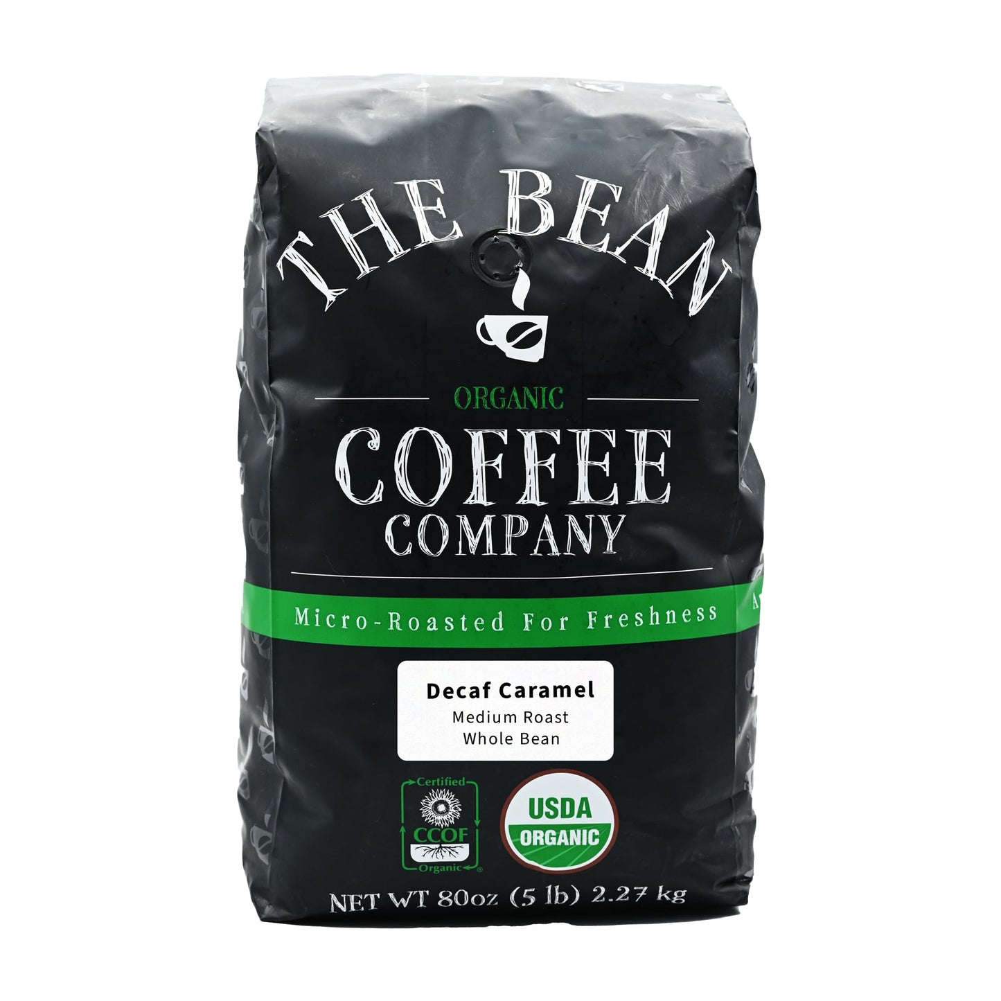 The Bean Organic Coffee Company Water Processed DECAF Caramel, Medium Roast, Whole Bean Coffee, 5-Pound Bag