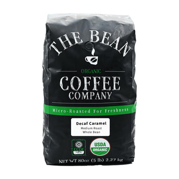 The Bean Organic Coffee Company Water Processed DECAF Caramel, Medium Roast, Whole Bean Coffee, 5-Pound Bag