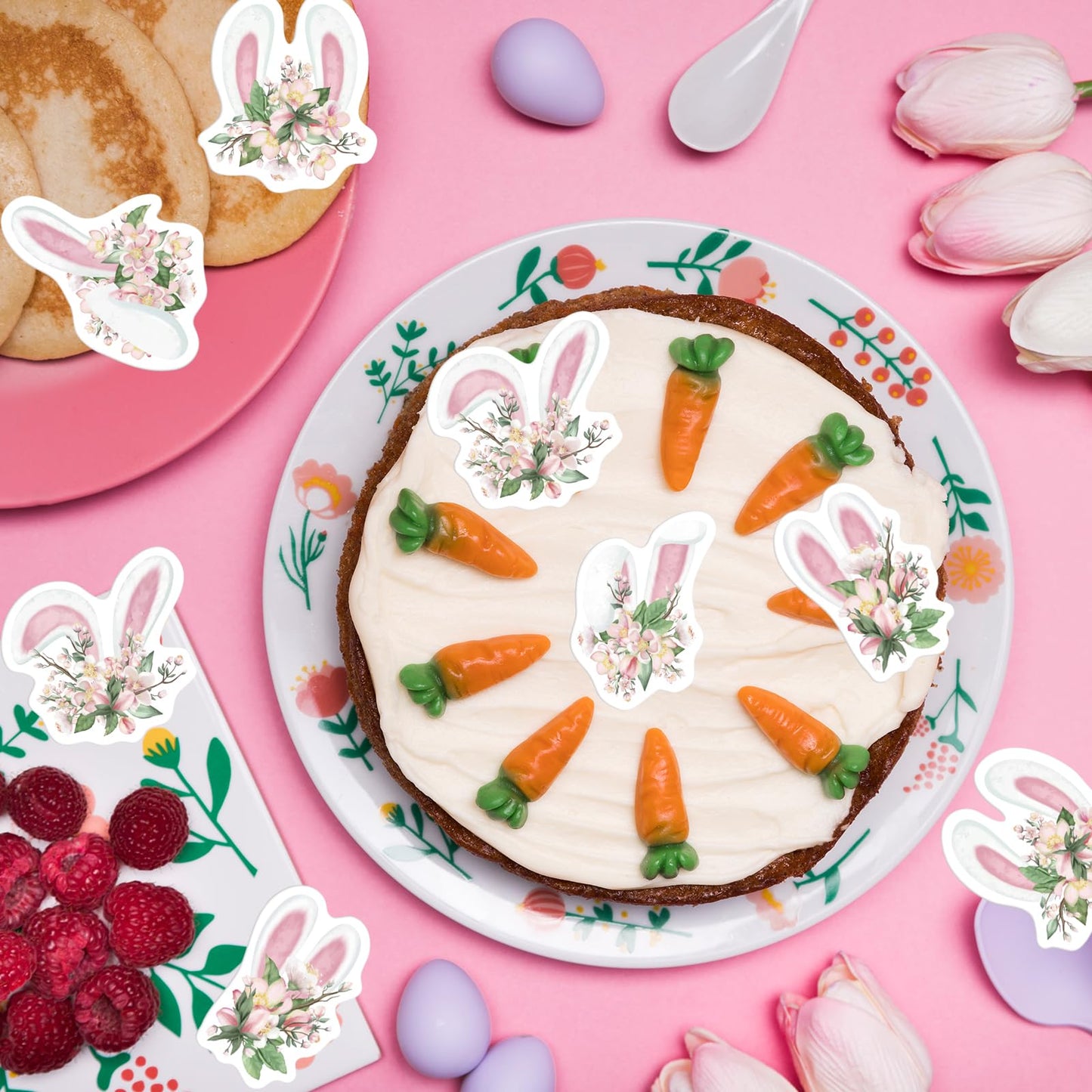 33Pcs Edible Floral Easter Bunny Ear Cupcake Toppers Edible Pink White Rabbit Ears Cupcake Picks Wafer Paper Easter Day Cake Top